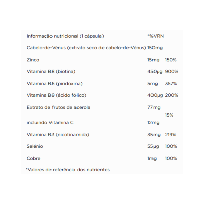 Etiqueta nutricional com lista de ingredientes e valores nutricionais em cápsulas