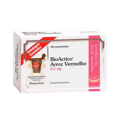 Caixa branca de suplemento alimentar BioActivo Arroz Vermelho 2,5 mg com embalagem económica.