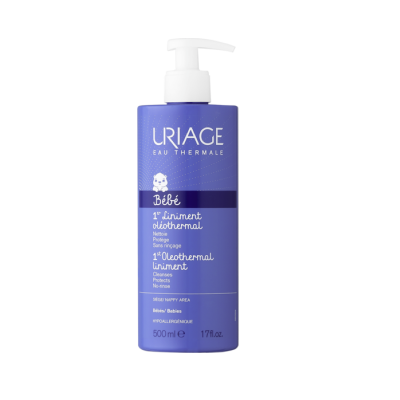 Frasco roxo com doseador branco de linimento ultratermal para bebé Uriage
