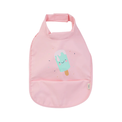 Babete rosa claro com estampado de gelado sorridente e bolso frontal