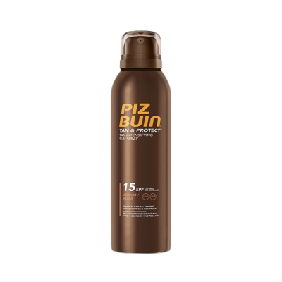 Frasco de spray solar bronzeador Piz Buin Tan & Protect SPF 15 castanho
