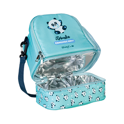 Mala térmica azul claro com padrão de pandas e texto '¿Dónde COMEMOS HOY?'