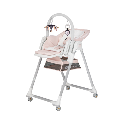 Cadeira alta para bebé rosa clara com acessórios e estrutura branca e cinza