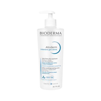 Frasco branco de gel-creme Bioderma Atoderm Intensive com tampa de bomba