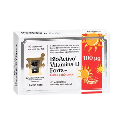 Embalagem branca e vermelha de suplemento BioActivo Vitamina D Forte+ com 80 cápsulas