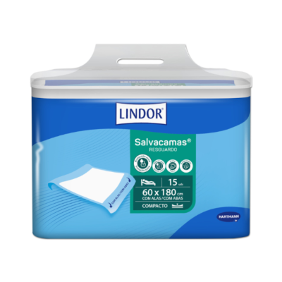 Embalagem azul e branca do produto Lindor Salvacamas Resguardo com 15 unidades