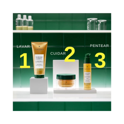 Produtos capilares FURTERER SUBLIME KARITÉ em embalagem dourada e verde fotografados sobre suportes brancos com fundo verde.