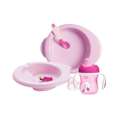 Conjunto alimentação bebé rosa com pratos, colher e copo métrico da marca Chicco