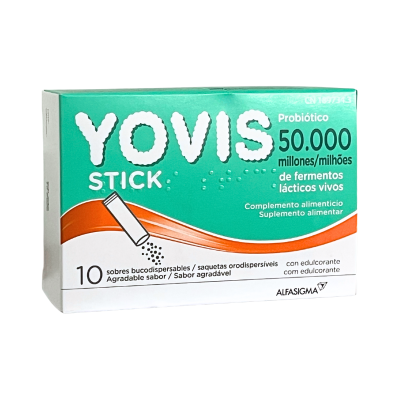 Caixa de probiótico YOVIS STICK verde e branca com detalhes laranja e texto em português.