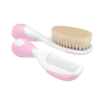 Conjunto de escova e pente para bebé com pega branca e rosa e cerdas bege