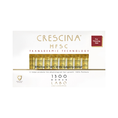 Embalagem branca com ampolas douradas Crescina HFSC para cabelo fino