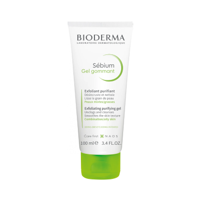 Frasco branco com tampa verde de gel esfoliante Bioderma Sébium Gel gommant