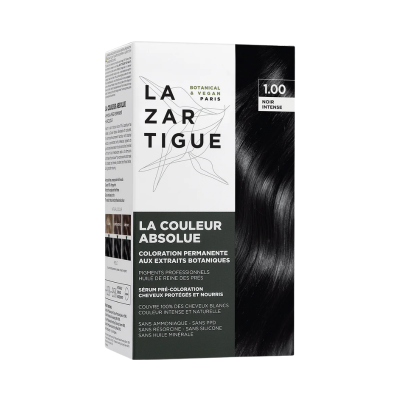 Caixa de tinta de cabelo LAZARTIGUE cor Noir Intense com texto em francês