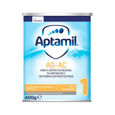 Frasco de Aptamil AO-AC para gestão nutricional, 400g, azul e branco