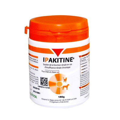 Frasco branco com tampa e texto laranja do suplemento PAKITINE para gatos e cães