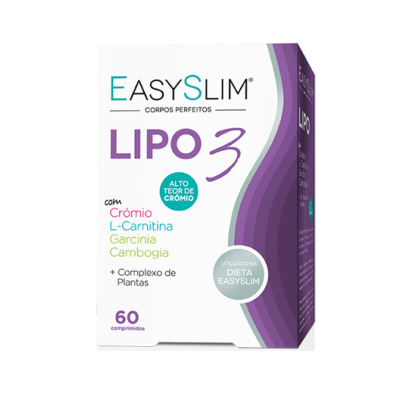 Embalagem de suplemento EasySlim Lipo 3 com 60 comprimidos, texto colorido e design branco e roxo