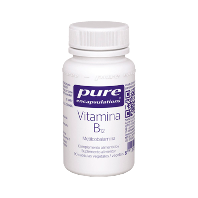Frasco branco com suplemento de Vitamina B12 Pure Encapsulations.
