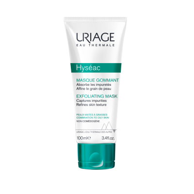 Máscara exfoliante Uriage Hyséac em tubo branco com tampa verde