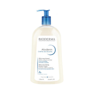 Frasco de creme de duche Bioderma Atoderm 1 litro com doseador azul