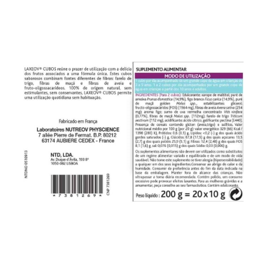 Embalagem de suplemento alimentar LAXEOV CUBOS com texto informativo em português.
