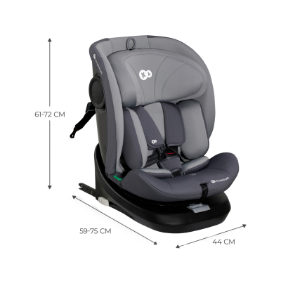 Cadeira de auto infantil cinza e preto Kinderkraft com cintos e medidas indicadas