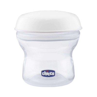 Recipiente plástico transparente com tampa branca e etiqueta CHICCO