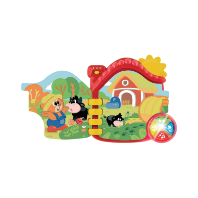 Livro infantil de plástico colorido com ilustrações de uma fazenda e personagens cartoon