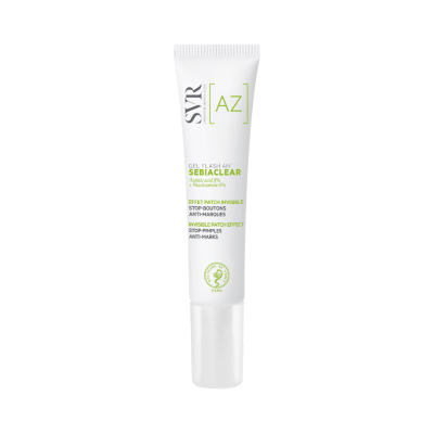Tubo de gel facial SVR SEBIACLEAR branco com texto verde e preto, fundo branco