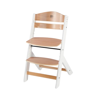 Cadeira infantil de madeira clara e branca ajustável com texto MK Kidsmart no encosto