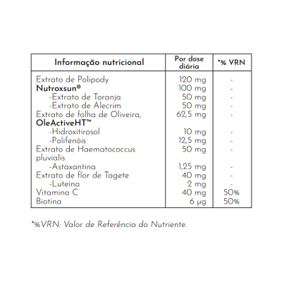 Tabela nutricional com extratos e vitaminas em português