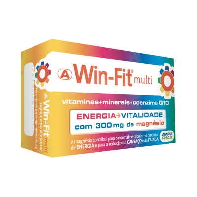 Embalagem colorida de suplemento alimentar Win-Fit multi com destaque para vitaminas, minerais e 300 mg de magnésio