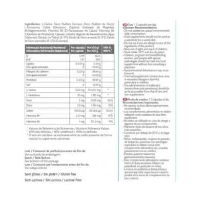 Etiqueta nutricional e instruções de suplemento alimentar multilíngue num fundo branco