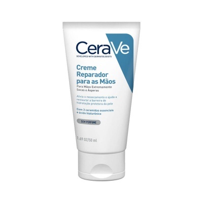 Tubo de creme reparador para as mãos CeraVe branco e azul