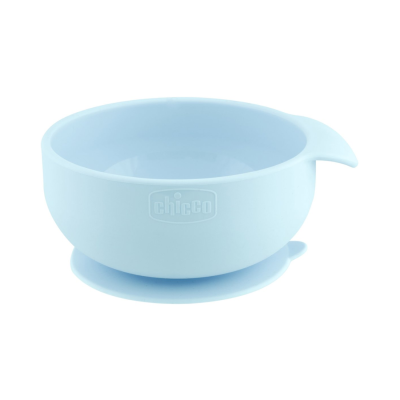 Tigela azul claro de plástico com ventosa e bico