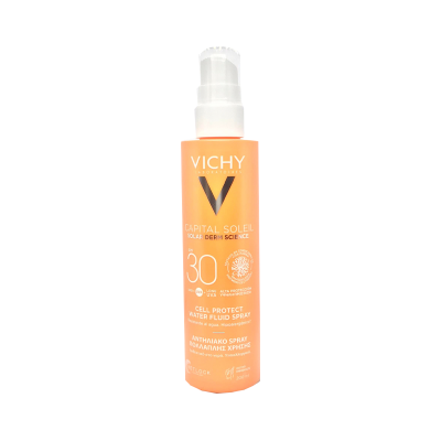 Frasco spray laranja Vichy Capital Soleil FPS 30 com tampa transparente