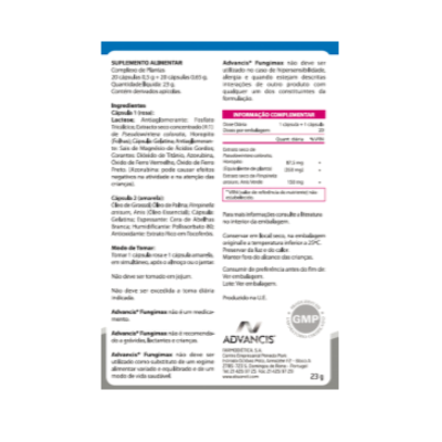 Etiqueta de suplemento alimentar Advancis com informações nutricionais e modo de uso