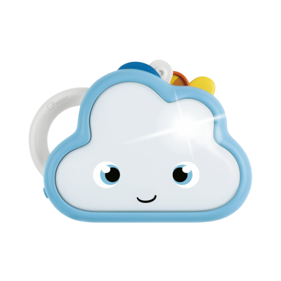 brinquedo infantil em forma de nuvem com face sorridente azul e branca