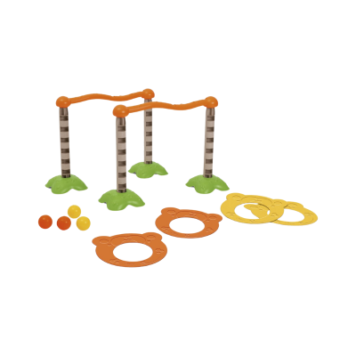Conjunto de jogo com postes, barras, aros e bolas coloridas.