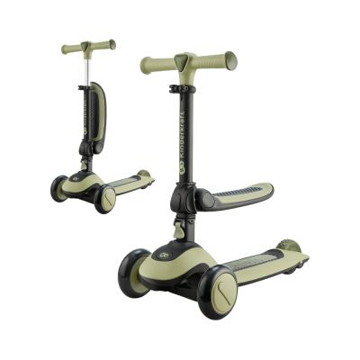 Triciclo infantil verde e preto Kinderkraft com duas rodas frontais e uma traseira.