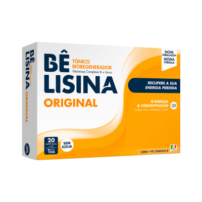 Embalagem de tónico bioregenerator BÊ LISINA ORIGINAL em branco e laranja