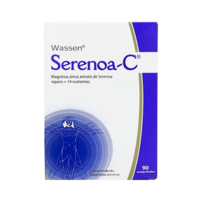 Caixa do suplemento alimentar Serenoa-C Wassen com texto e figura humana azul