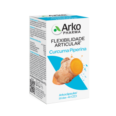 Embalagem suplemento Curcuma Piperina Arko Pharma com imagem de curcuma e texto