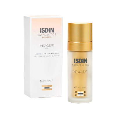 Frasco e embalagem de serum ISDIN ISDINCEUTICS MELACLEAR com tampa dourada