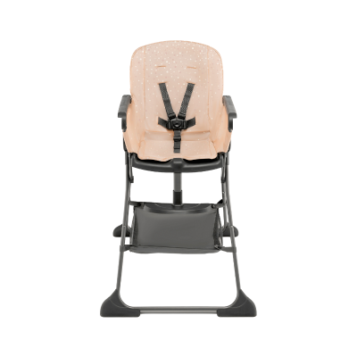 Cadeira alta para bebé cor de pêssego com arnês preto e estrutura cinza