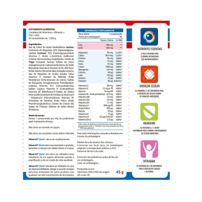 Rótulo de suplemento alimentar com informações nutricionais e recomendações de uso