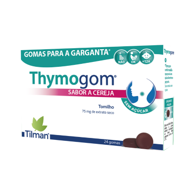 Embalagem de gomas para a garganta Thymogom sabor cereja com tomilho e 24 gomas