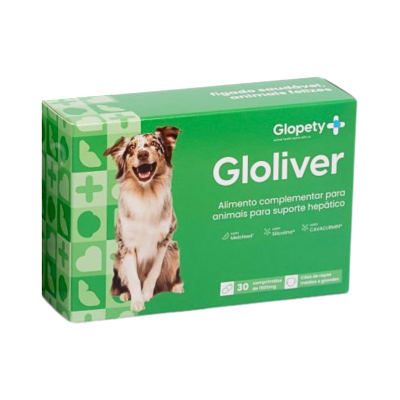 Caixa verde de suplemento alimentar para cães Gloliver da Glopety com imagem de cão e texto explicativo