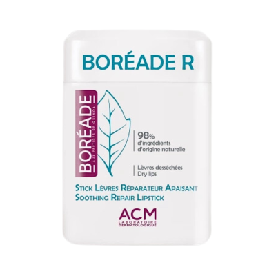 Embalagem branca de produto labial BORÉADE R com texto em azul e roxo