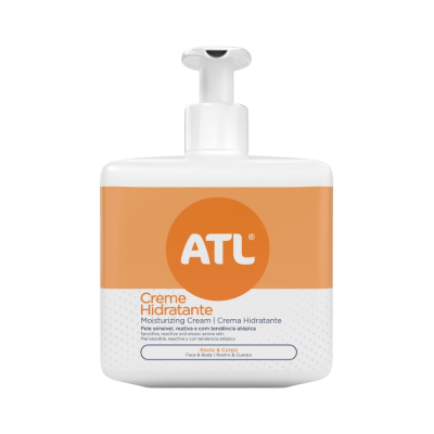 Frasco branco de creme hidratante ATL com rótulo laranja e branco.