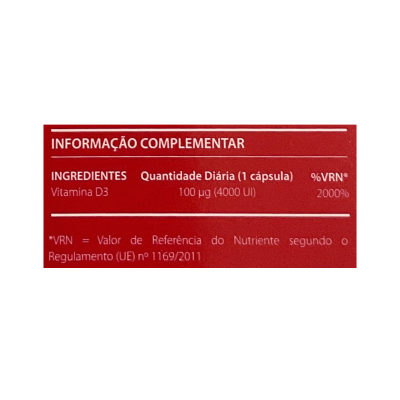 Etiqueta vermelha com texto branco detalhando ingredientes e quantidades diárias de um suplemento de Vitamina D3.